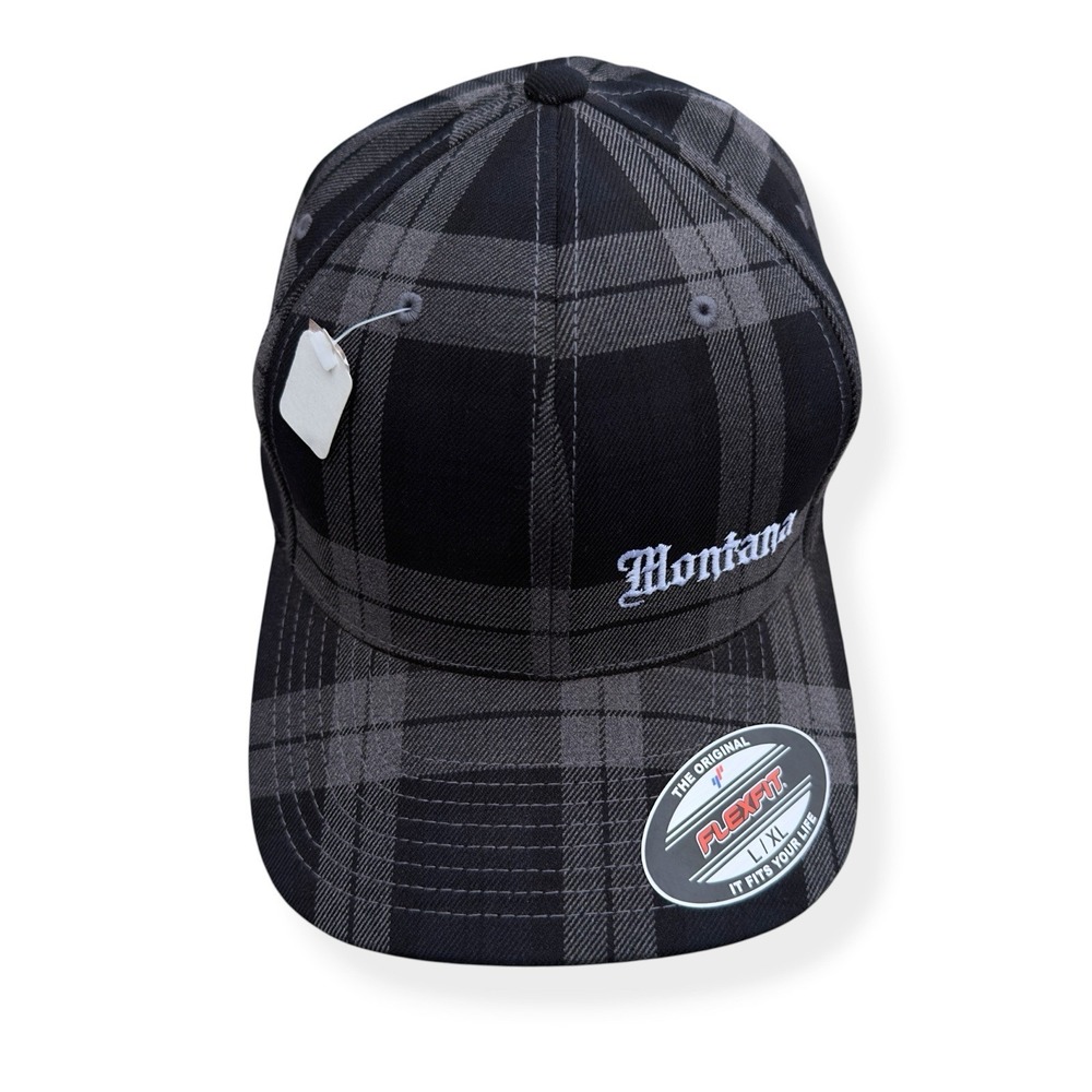 Fitted "Montana" Baseball Cap L/XL Lightweight Plaid Flexfit Yupoong Black